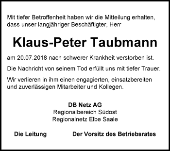 Traueranzeige von Klaus-Peter Taubmann von Mitteldeutsche Zeitung Köthen