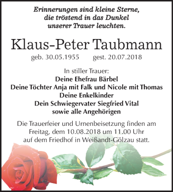 Traueranzeige von Klaus-Peter Taubmann von Mitteldeutsche Zeitung Köthen