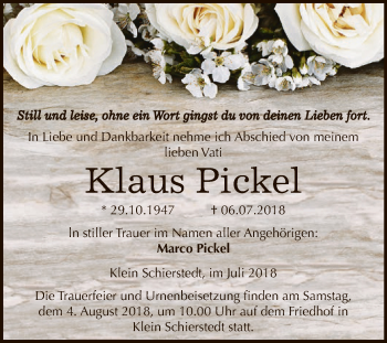 Traueranzeige von Klaus Pickel von Super Sonntag Aschersleben