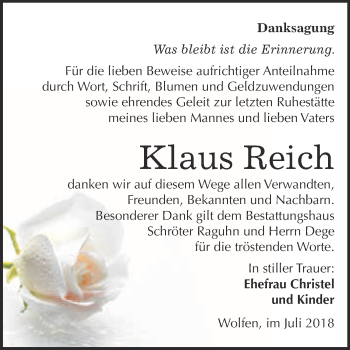 Traueranzeige von Klaus Reich von WVG - Wochenspiegel Bitterfeld
