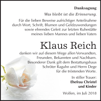 Traueranzeige von Klaus Reich von Mitteldeutsche Zeitung Bitterfeld