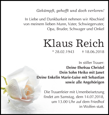 Traueranzeige von Klaus Reich von Mitteldeutsche Zeitung Bitterfeld