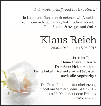 Traueranzeige von Klaus Reich von WVG - Wochenspiegel Bitterfeld