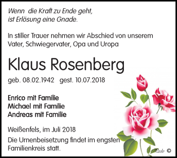 Traueranzeige von Klaus Rosenberg von Mitteldeutsche Zeitung Weißenfels