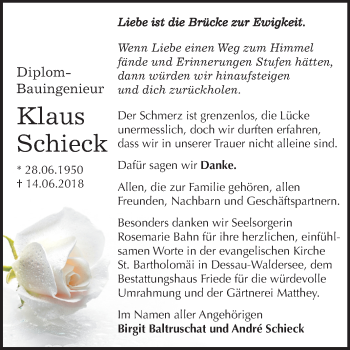 Traueranzeige von Klaus Schieck von Mitteldeutsche Zeitung Dessau-Roßlau
