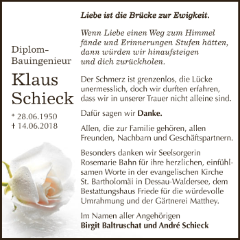 Traueranzeige von Klaus Schieck von WVG - Wochenspiegel Dessau / Köthen