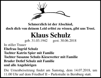 Traueranzeige von Klaus Schulz von Mitteldeutsche Zeitung Bernburg