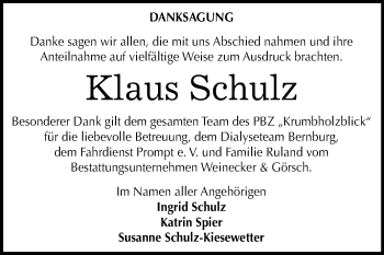 Traueranzeige von Klaus Schulz von Mitteldeutsche Zeitung Bernburg