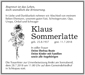 Traueranzeige von Klaus Sommerlatte von Mitteldeutsche Zeitung Merseburg/Querfurt
