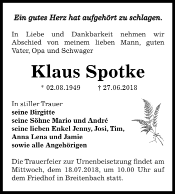 Traueranzeige von Klaus Spotke von Mitteldeutsche Zeitung Zeitz