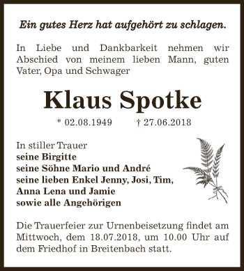 Traueranzeige von Klaus Spotke von Super Sonntag Zeitz
