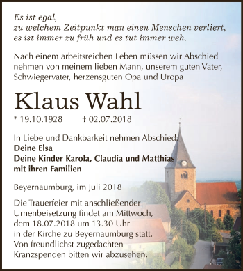 Traueranzeige von Klaus Wahl von WVG - Wochenspiegel SGH