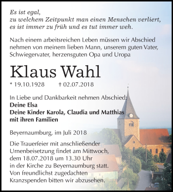 Traueranzeige von Klaus Wahl von Mitteldeutsche Zeitung Sangerhausen