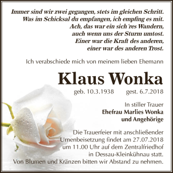 Traueranzeige von Klaus Wonka von WVG - Wochenspiegel Dessau / Köthen