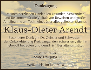 Traueranzeige von Klaus Dieter Arendt von WVG - Wochenspiegel NMB / WSF / ZTZ