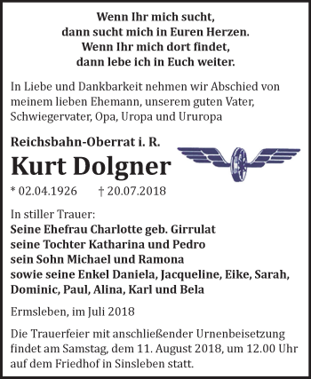 Traueranzeige von Kurt Dolgner von Mitteldeutsche Zeitung Quedlinburg