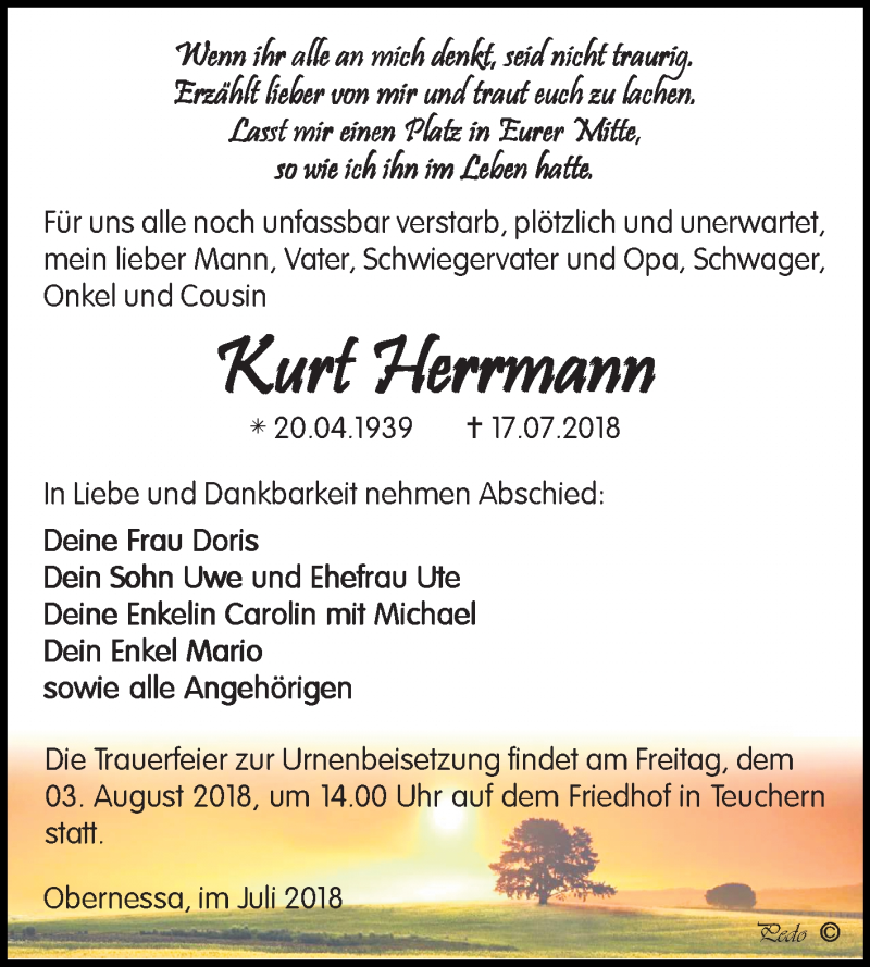  Traueranzeige für Kurt Herrmann vom 21.07.2018 aus Mitteldeutsche Zeitung Weißenfels
