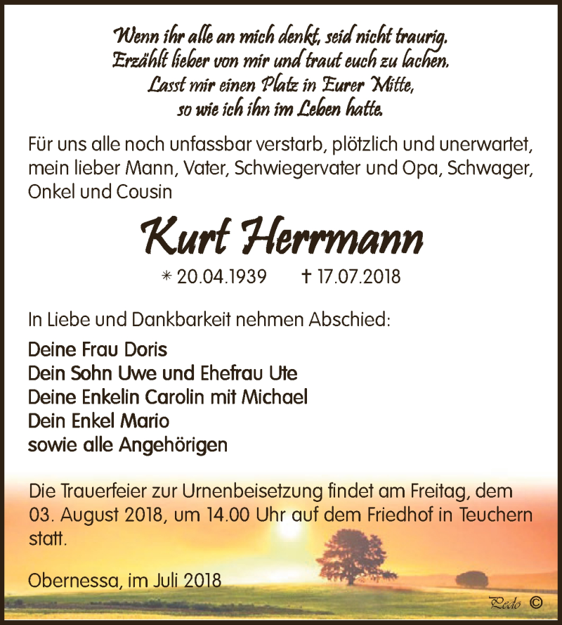  Traueranzeige für Kurt Herrmann vom 25.07.2018 aus WVG - Wochenspiegel NMB / WSF / ZTZ