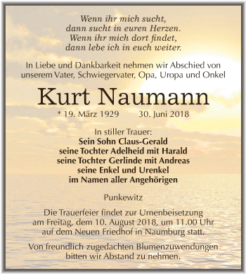Traueranzeige von Kurt Naumann von WVG - Wochenspiegel NMB / WSF / ZTZ