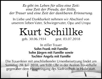 Traueranzeige von Kurt Schillke von Mitteldeutsche Zeitung Halle/Saalkreis