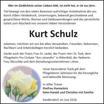 Traueranzeige von Kurt Schulz von WVG - Wochenspiegel Bitterfeld
