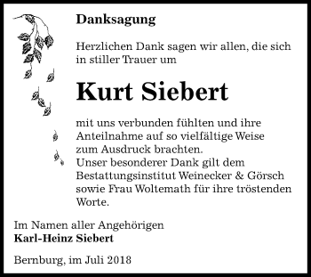 Traueranzeige von Kurt Siebert von Mitteldeutsche Zeitung Bernburg