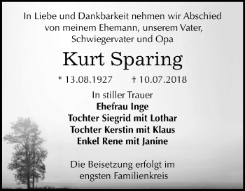 Traueranzeige von Kurt Sparing von Mitteldeutsche Zeitung Bernburg