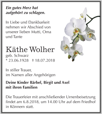 Traueranzeige von Käthe Wolher von Mitteldeutsche Zeitung Bernburg