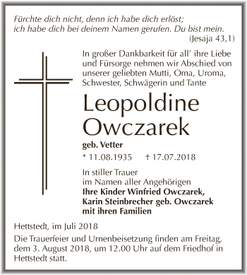 Traueranzeige von Leopoldine Owczarek von Super Sonntag SGH Mansf. Land