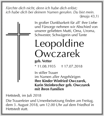 Traueranzeige von Leopoldine Owczarek von Mitteldeutsche Zeitung