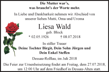 Traueranzeige von Liesa Wald von Mitteldeutsche Zeitung Dessau-Roßlau