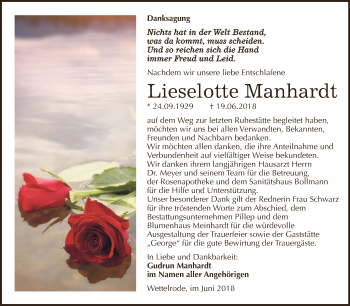 Traueranzeige von Lieselotte Manhardt von Super Sonntag SGH Mansf. Land