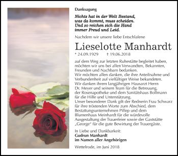 Traueranzeige von Lieselotte Manhardt von Mitteldeutsche Zeitung