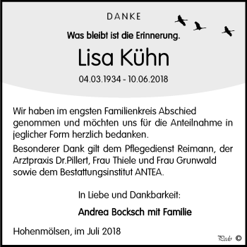 Traueranzeige von Lisa Kühn von Mitteldeutsche Zeitung Weißenfels