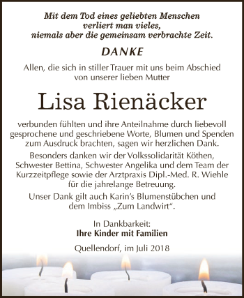 Traueranzeige von Lisa Rienäcker von WVG - Wochenspiegel Dessau / Köthen