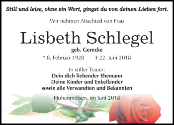Traueranzeige von Lisbeth Schlegel von Mitteldeutsche Zeitung Weißenfels