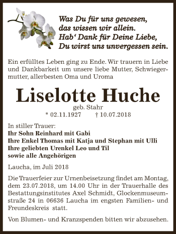 Traueranzeige von Liselotte Huche von WVG - Wochenspiegel NMB / WSF / ZTZ
