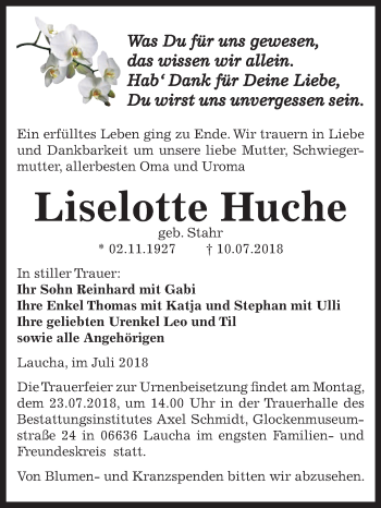 Traueranzeige von Liselotte Huche von Mitteldeutsche Zeitung