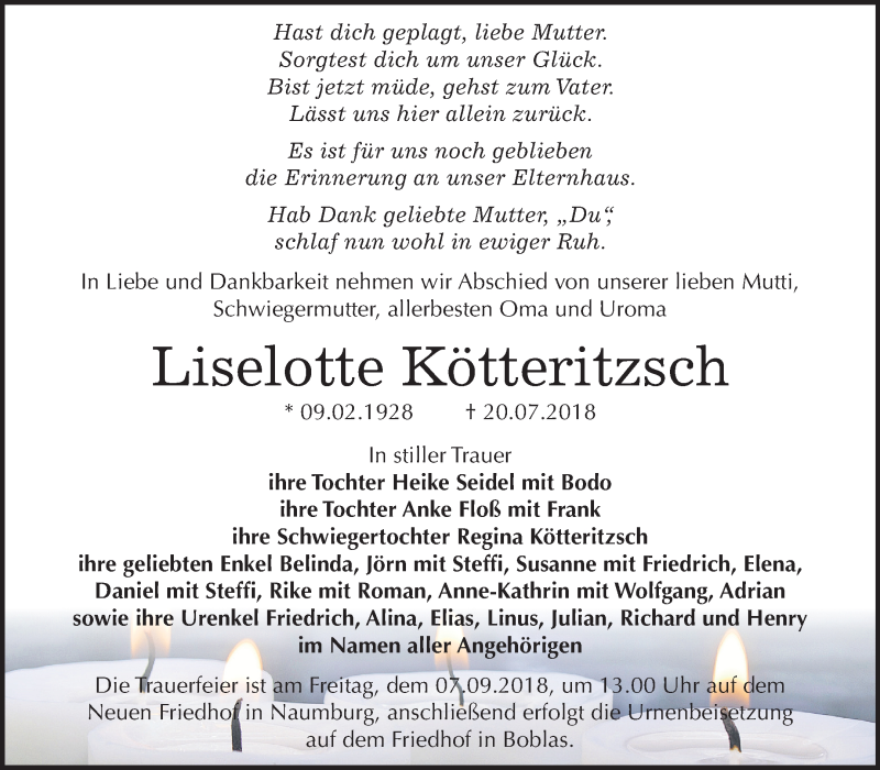  Traueranzeige für Liselotte Kötteritzsch vom 28.07.2018 aus Mitteldeutsche Zeitung