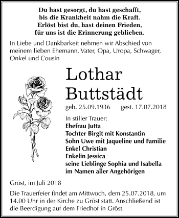 Traueranzeige von Lothar Buttstädt von Mitteldeutsche Zeitung Merseburg/Querfurt