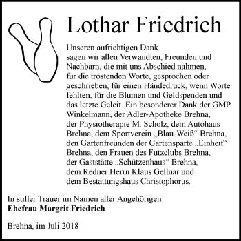Traueranzeige von Lothar Friedrich von Mitteldeutsche Zeitung Bitterfeld