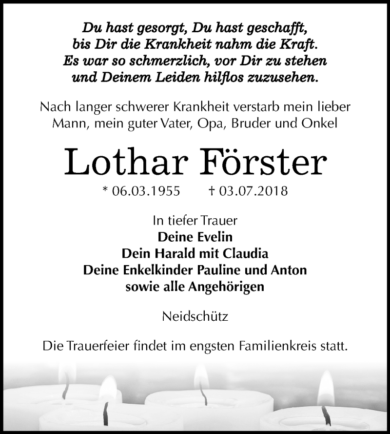  Traueranzeige für Lothar Förster vom 07.07.2018 aus Mitteldeutsche Zeitung