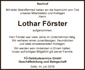 Traueranzeige von Lothar Förster von Super Sonntag Zeitz