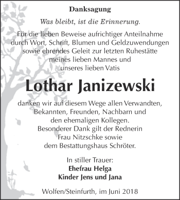 Traueranzeige von Lothar Janizewski von WVG - Wochenspiegel Bitterfeld
