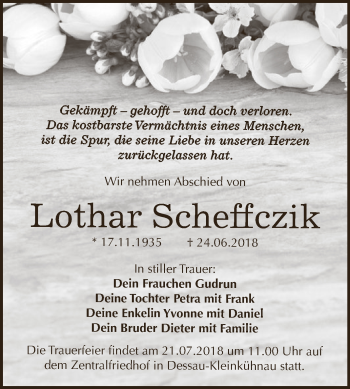 Traueranzeige von Lothar Scheffczik von WVG - Wochenspiegel Dessau / Köthen