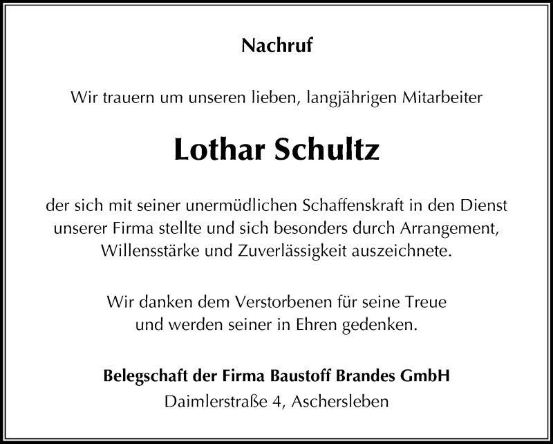  Traueranzeige für Lothar Schultz vom 17.07.2018 aus Mitteldeutsche Zeitung