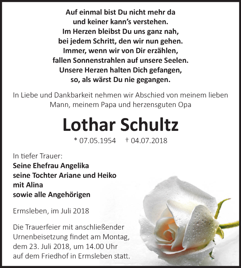  Traueranzeige für Lothar Schultz vom 14.07.2018 aus Mitteldeutsche Zeitung Quedlinburg