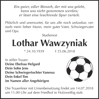 Traueranzeige von Lothar Wawzyniak von WVG - Wochenspiegel Bitterfeld