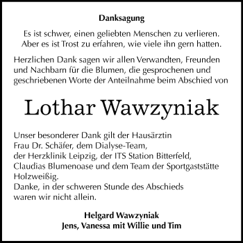 Traueranzeige von Lothar Wawzyniak von Mitteldeutsche Zeitung Bitterfeld