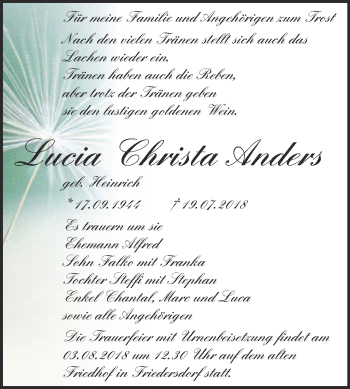 Traueranzeige von Lucia Christa Anders von WVG - Wochenspiegel Bitterfeld